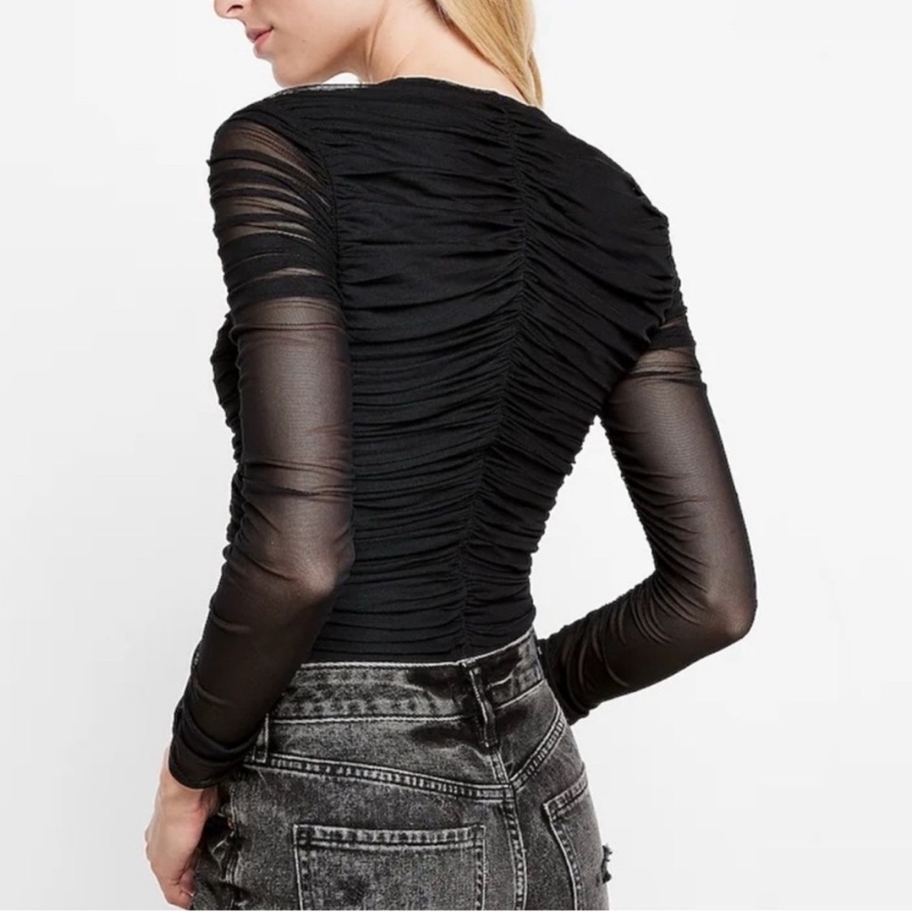Express Black Ruched Mesh Sleeve Top - Picture 2 of 6